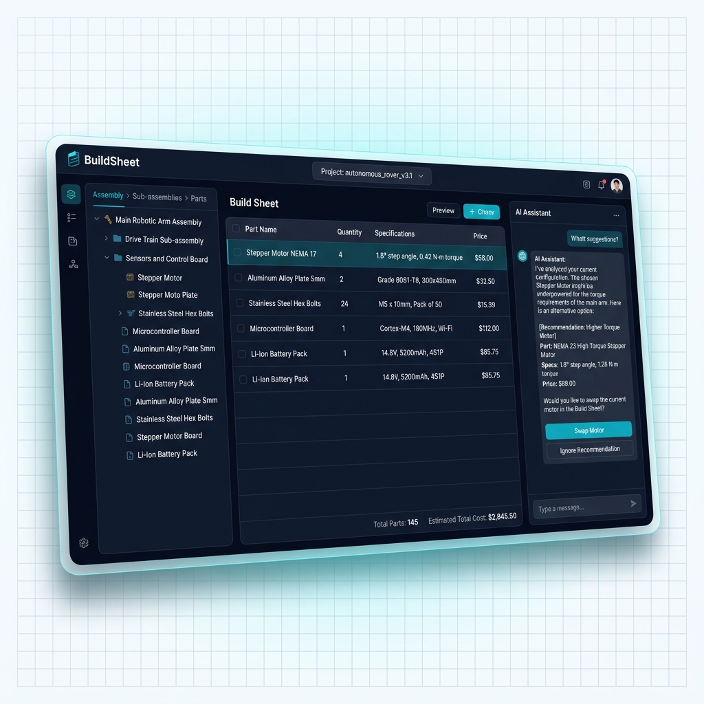 BuildSheet application interface showing a parts tree, BOM table, and AI assistant panel